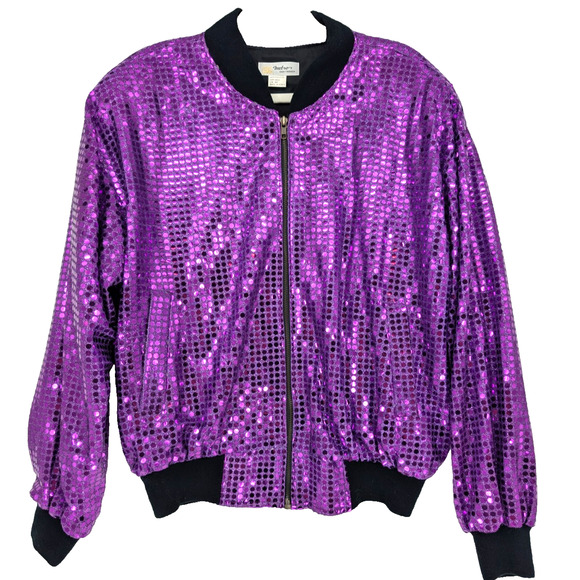 Vintage 80s Purple Shimmer Glam Metallic Sequin Foil Dot Bling Bomber Jacket LRG - Picture 4 of 8